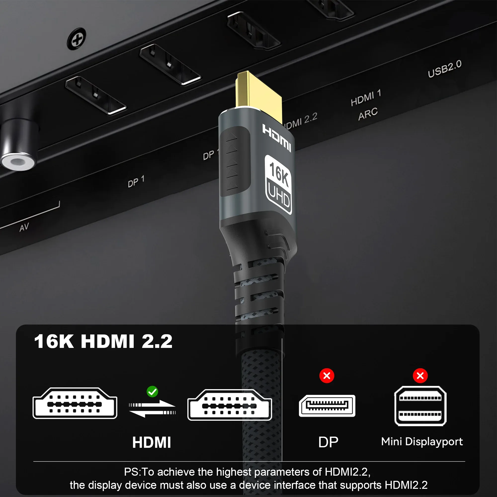 Câble HDMI 2.2 Tressé Ultra Haute Vitesse 16K (96 Gbps) - Compatible 16K@60Hz, 8K@120Hz, 4K@240Hz, HDR UHD 12 bits - Image 6