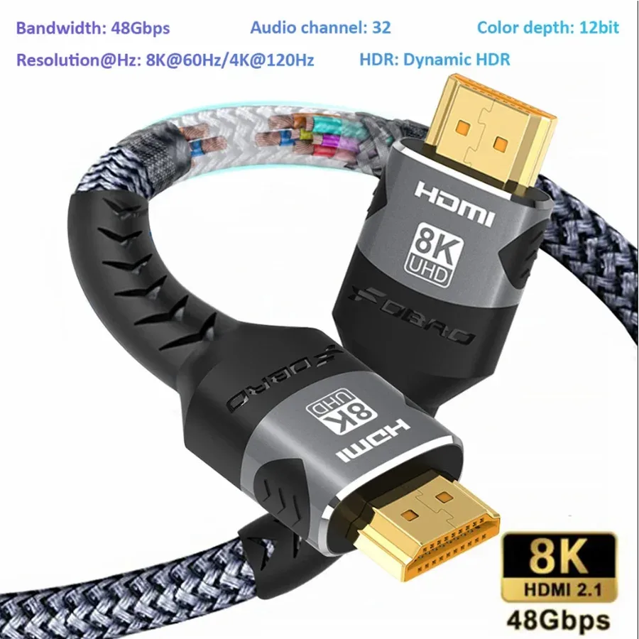 Câble HDMI 2.2 Tressé Ultra Haute Vitesse 16K (96 Gbps) - Compatible 16K@60Hz, 8K@120Hz, 4K@240Hz, HDR UHD 12 bits slide 9