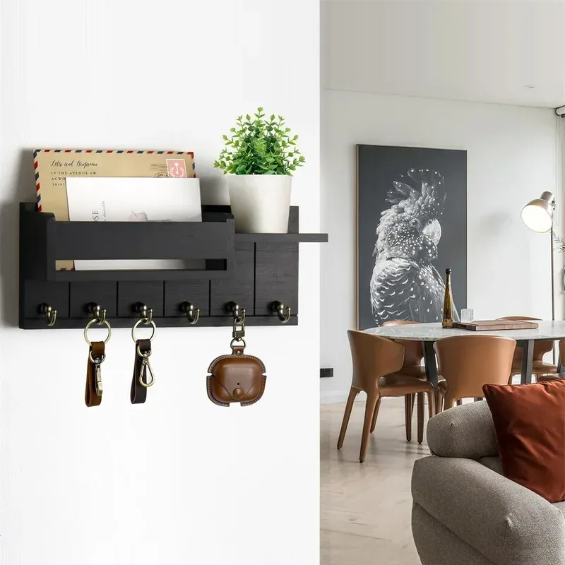 Porte-clés mural et organisateur de courrier en bois rustique avec étagère et 6 crochets - Image 2