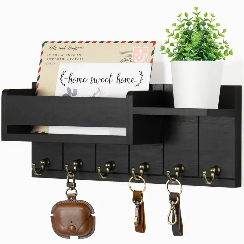 Porte-clés mural et organisateur de courrier en bois rustique avec étagère et 6 crochets - Image 1