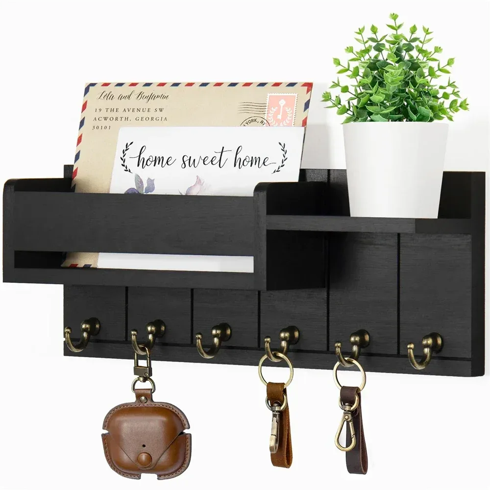 Porte-clés mural et organisateur de courrier en bois rustique avec étagère et 6 crochets slide 7
