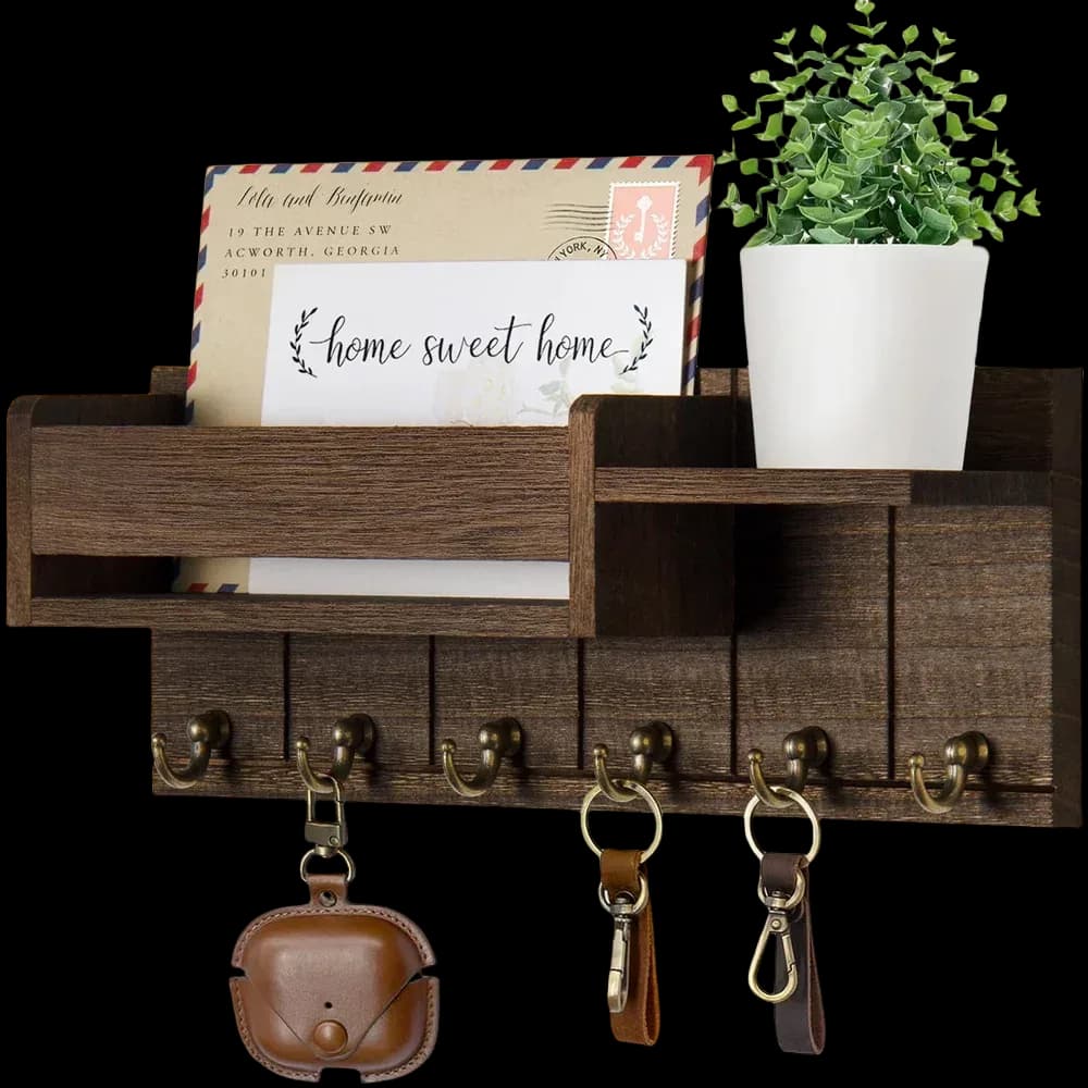 Porte-clés mural et organisateur de courrier en bois rustique avec étagère et 6 crochets slide 8