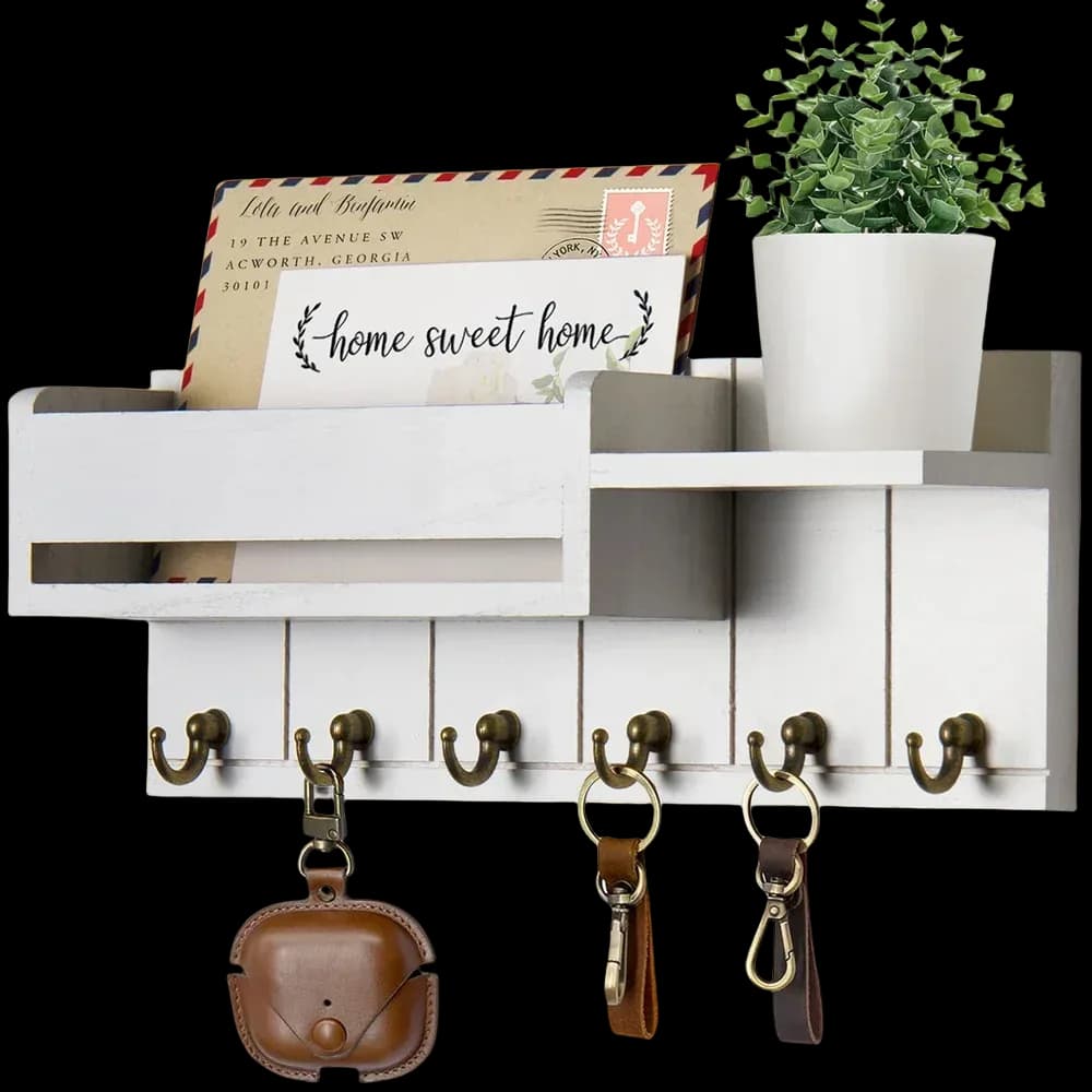 Porte-clés mural et organisateur de courrier en bois rustique avec étagère et 6 crochets slide 10