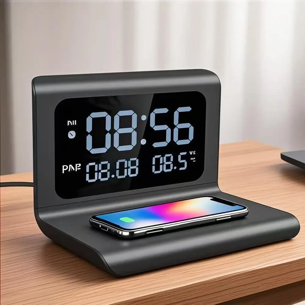 Station de charge sans fil rapide avec réveil et thermomètre - Compatible Qi