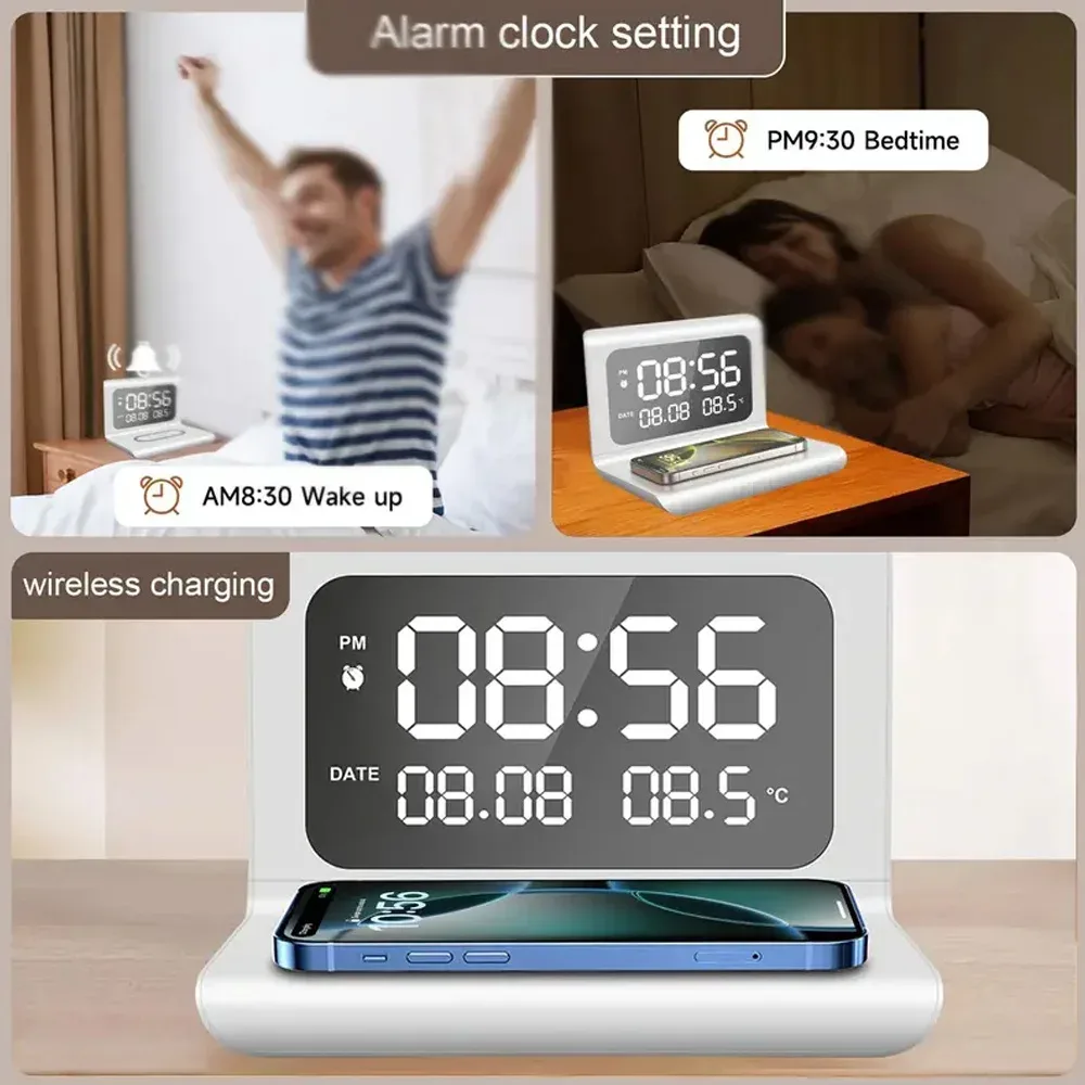 Station de charge sans fil rapide avec réveil et thermomètre - Compatible Qi slide 5