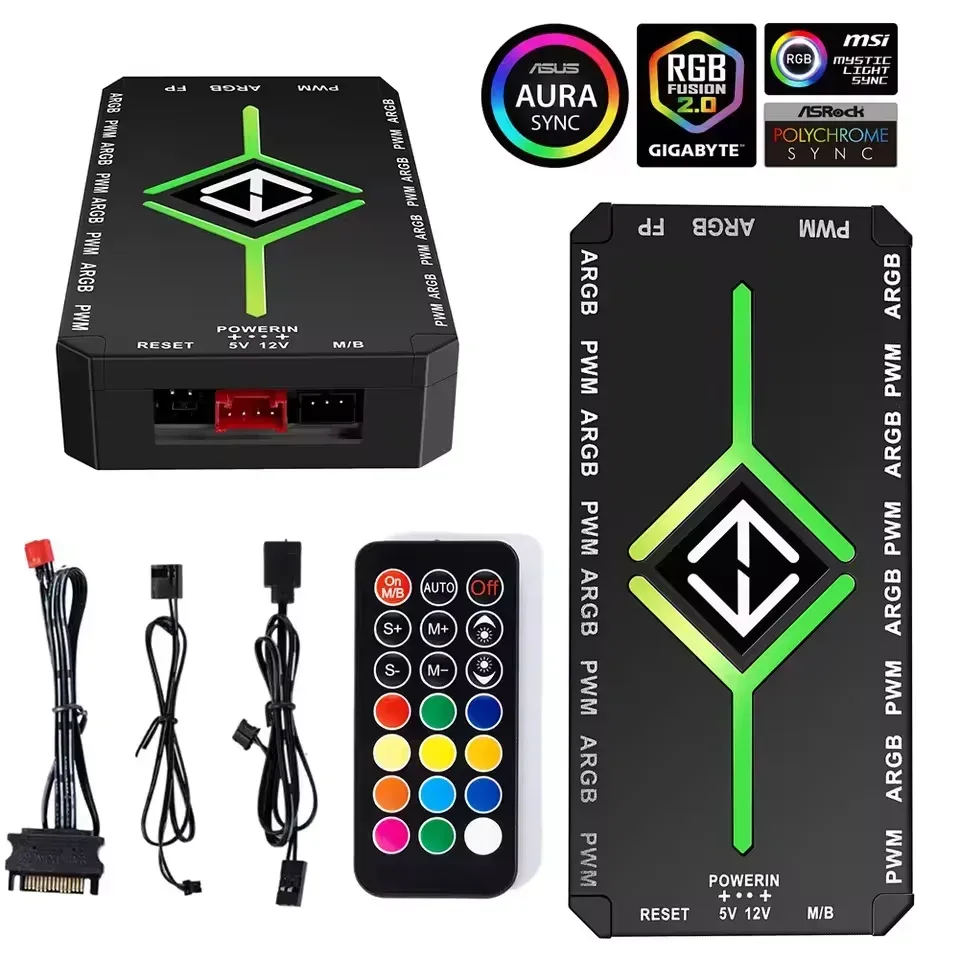 Hub de ventilation ARGB et PWM (9 ports) avec alimentation SATA et fixation magnétique - Image 1