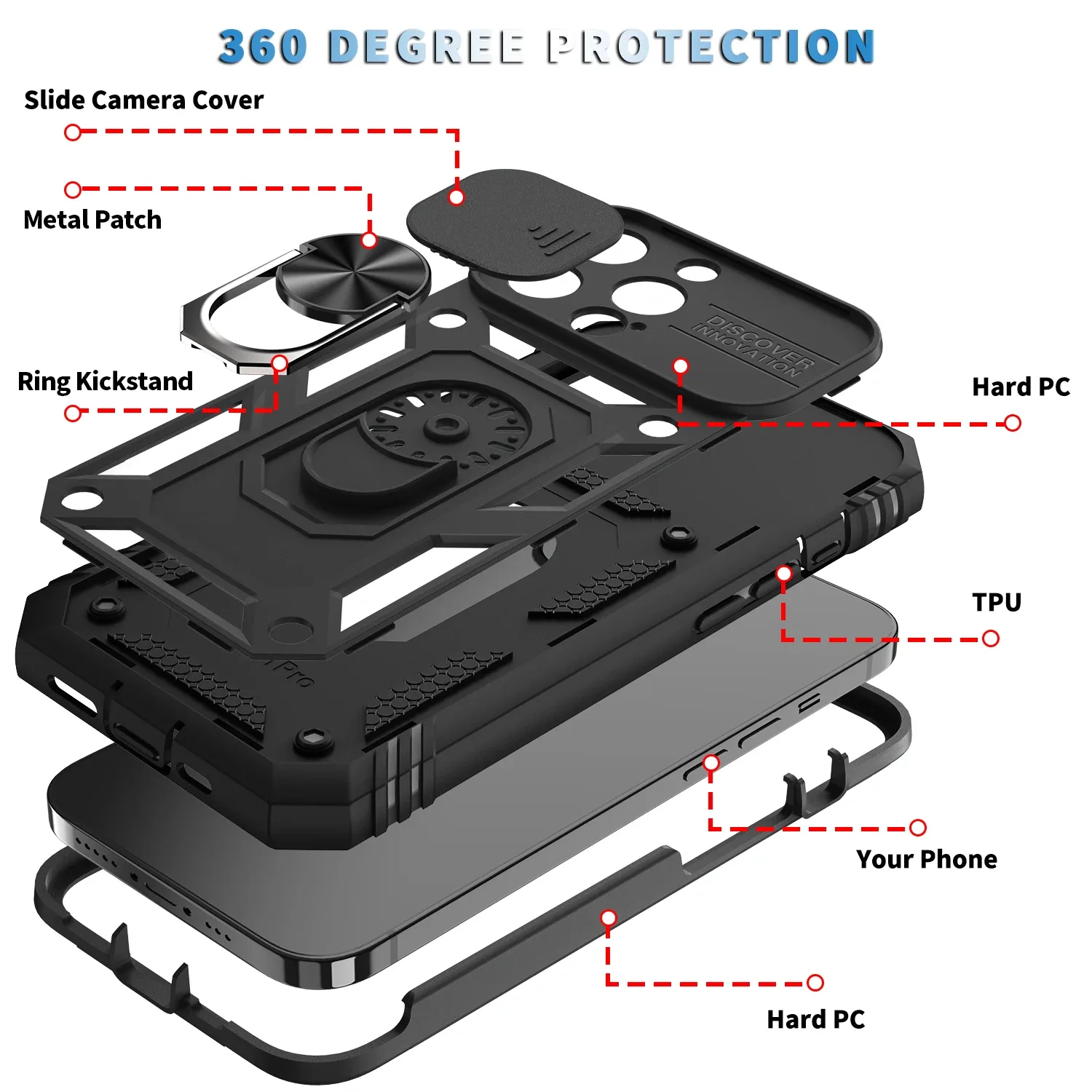 Coque de protection robuste avec cache-caméra coulissant et support rotatif à 360° pour iPhone 15 Pro Max, 14, 13, 12, 11, XS, X, 8, 7 Plus - Image 5
