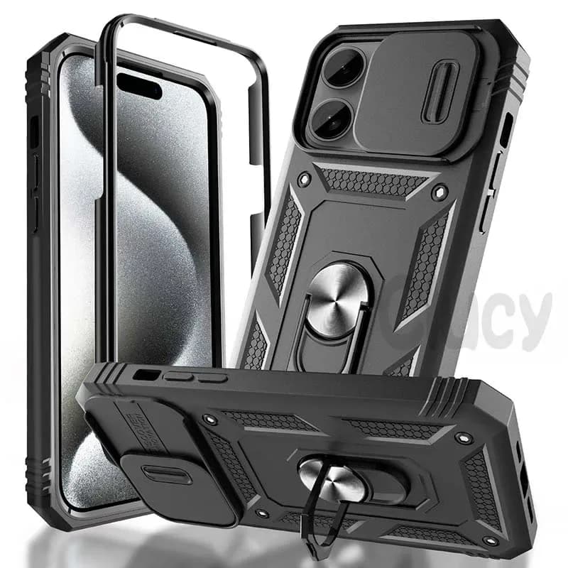 Coque de protection robuste avec cache-caméra coulissant et support rotatif à 360° pour iPhone 15 Pro Max, 14, 13, 12, 11, XS, X, 8, 7 Plus - Image 1