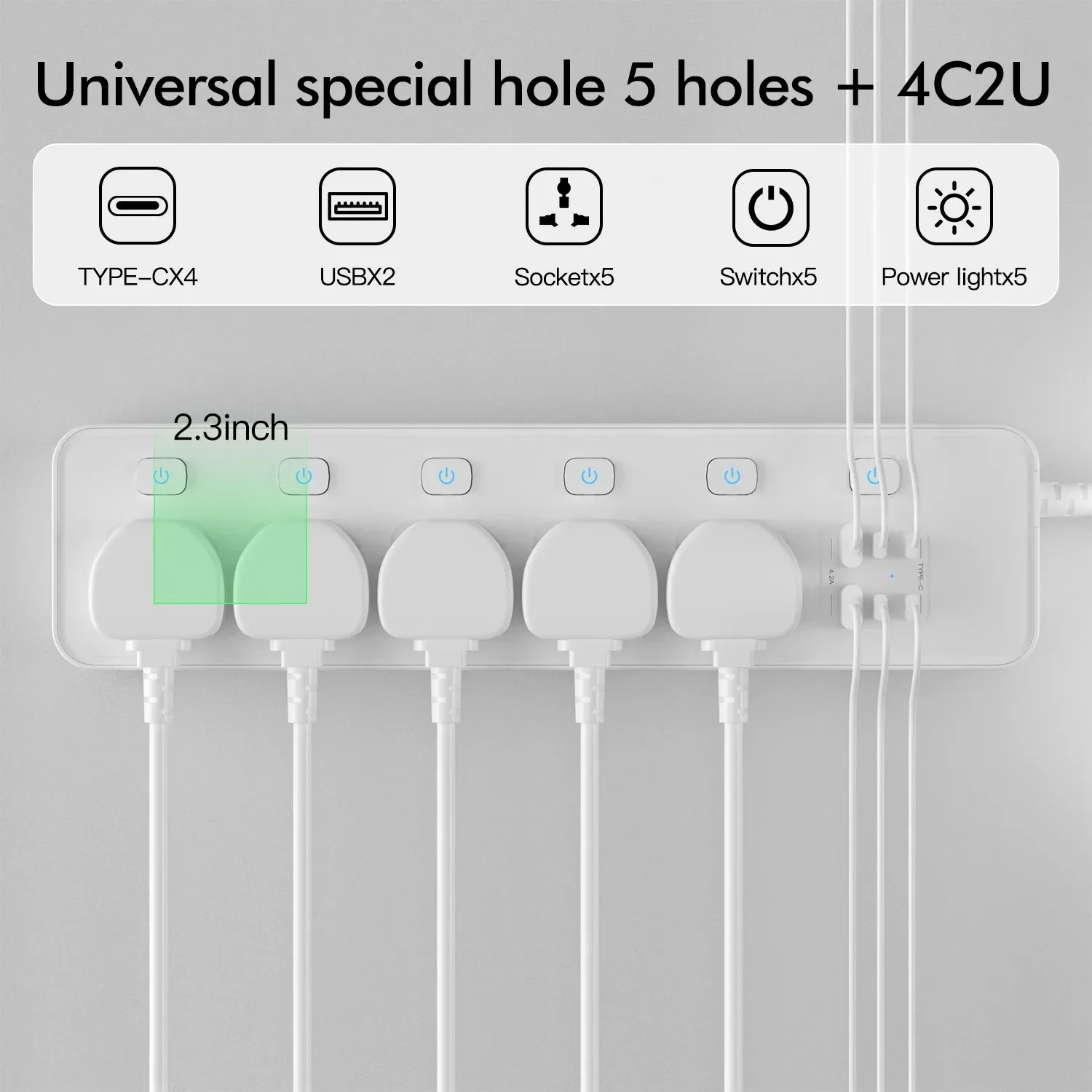 Multiprise universelle avec port USB-C 20W (QC 3.0) et protection contre les surtensions - Câble 2m - Image 4