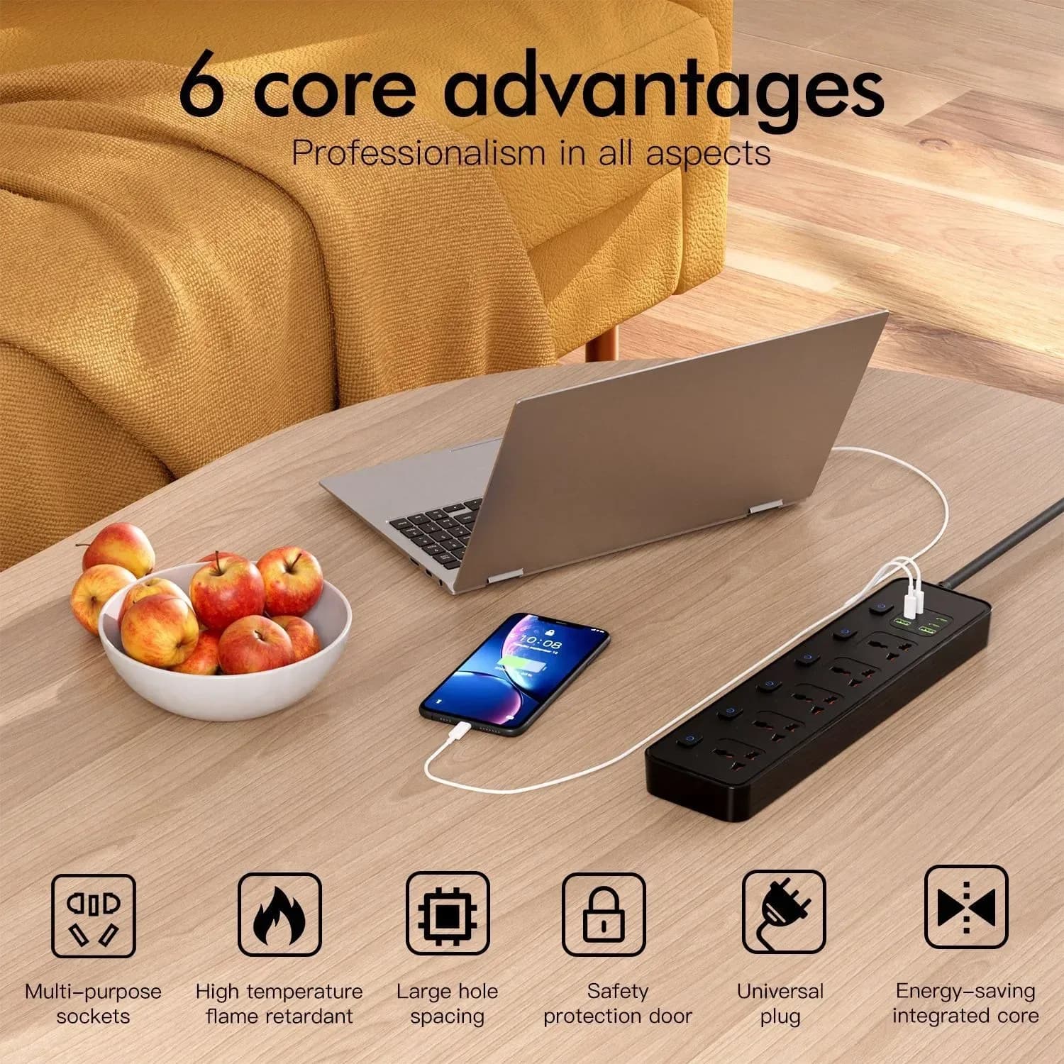 Multiprise universelle avec port USB-C 20W (QC 3.0) et protection contre les surtensions - Câble 2m - Image 3