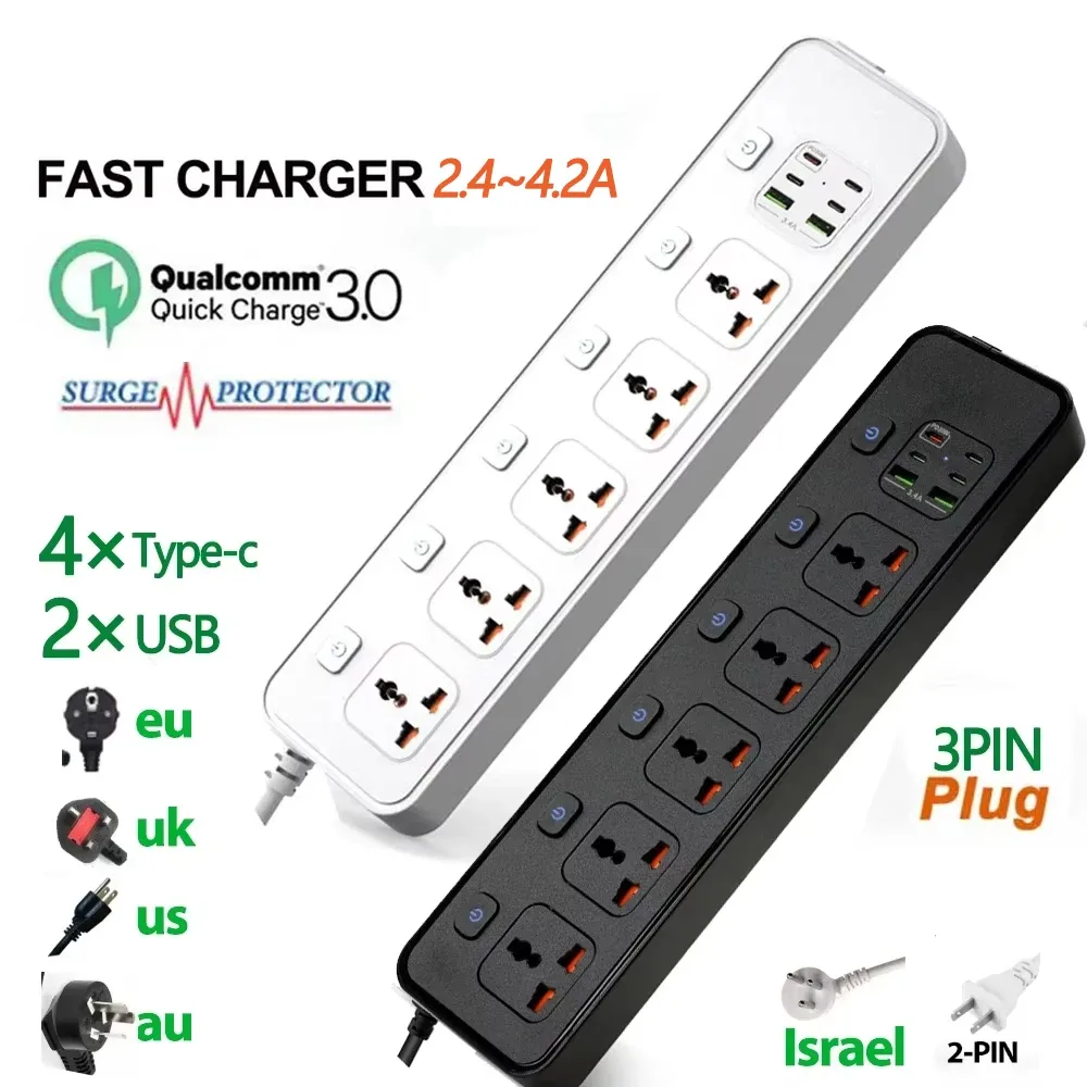 Multiprise universelle avec port USB-C 20W (QC 3.0) et protection contre les surtensions - Câble 2m - Image 1