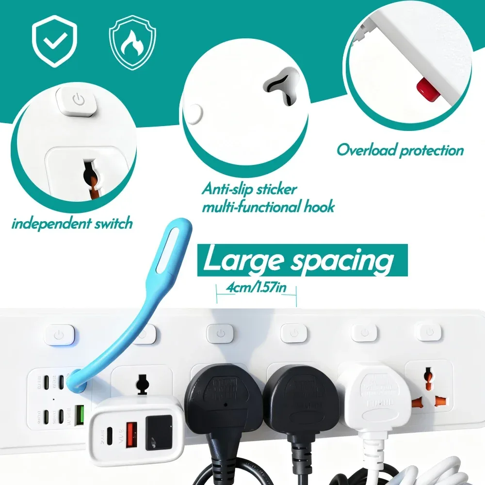 Multiprise universelle avec port USB-C 20W (QC 3.0) et protection contre les surtensions - Câble 2m - Image 2