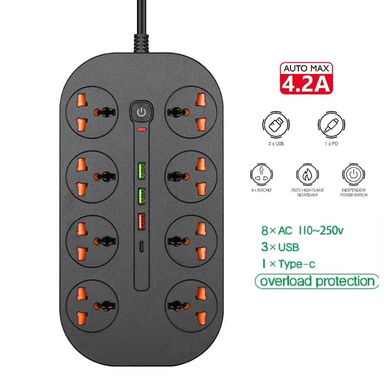 Multiprise universelle avec port USB-C 20W (QC 3.0) et protection contre les surtensions - Câble 2m slide 11
