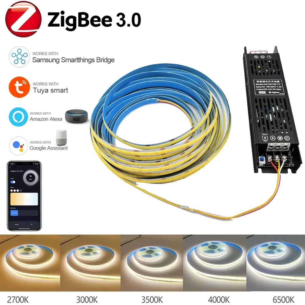 Ruban LED COB Zigbee 3.0 CCT, 24V, 608 LEDs/m, 2700K-6000K, Intensité Variable (5m/10m) - Image 1