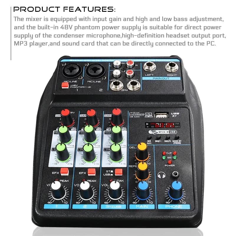 Console de mixage professionnelle 4 canaux avec Bluetooth, USB et alimentation fantôme 48 V - Image 1
