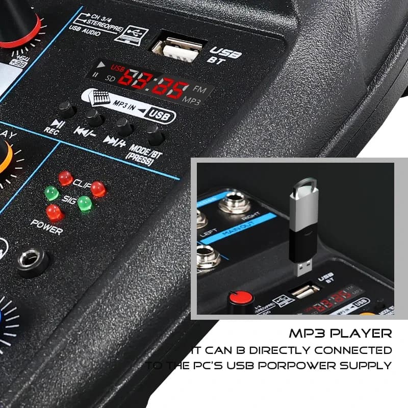 Console de mixage professionnelle 4 canaux avec Bluetooth, USB et alimentation fantôme 48 V - Image 4
