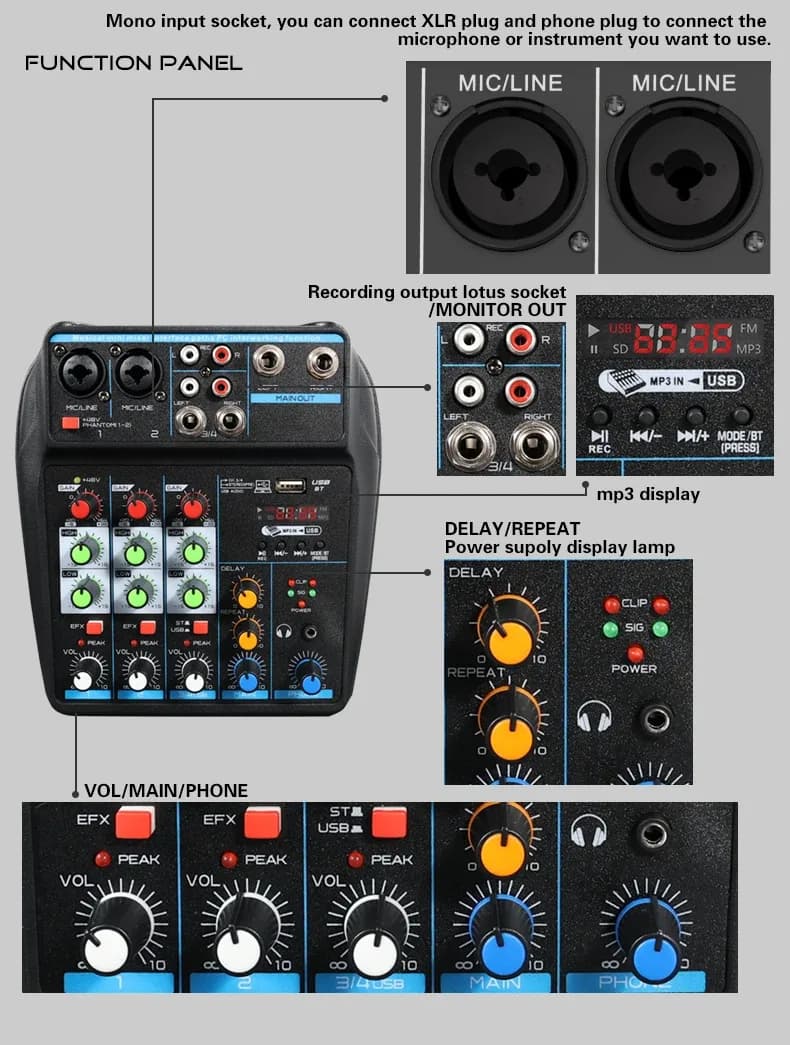 Console de mixage professionnelle 4 canaux avec Bluetooth, USB et alimentation fantôme 48 V - Image 6