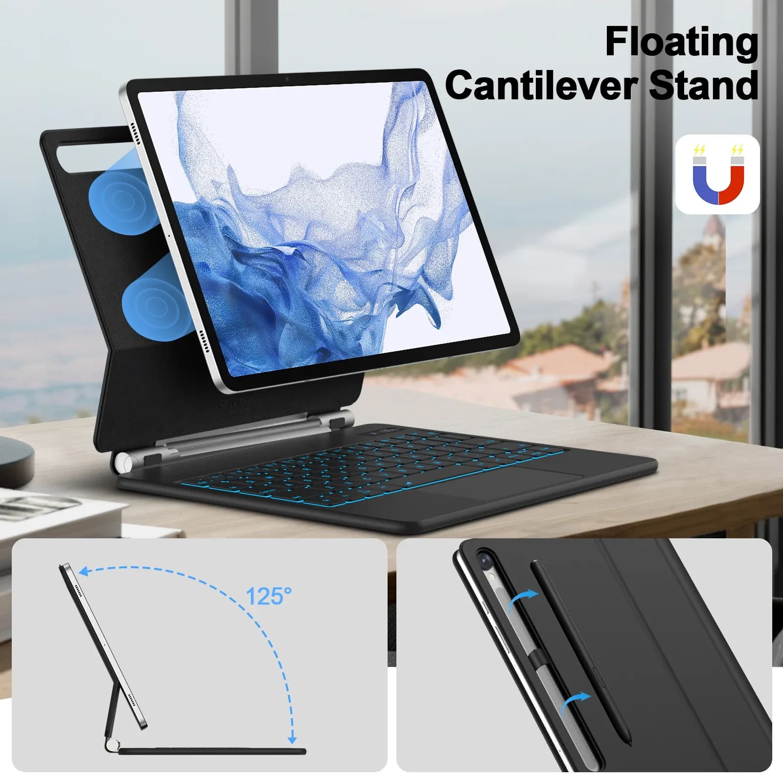 Clavier Magnétique Flottant pour Samsung Galaxy Tab S10+ / S9+ / S9 / S9 FE / S8 / S7 avec Pavé Tactile et Emplacement S Pen - Image 4