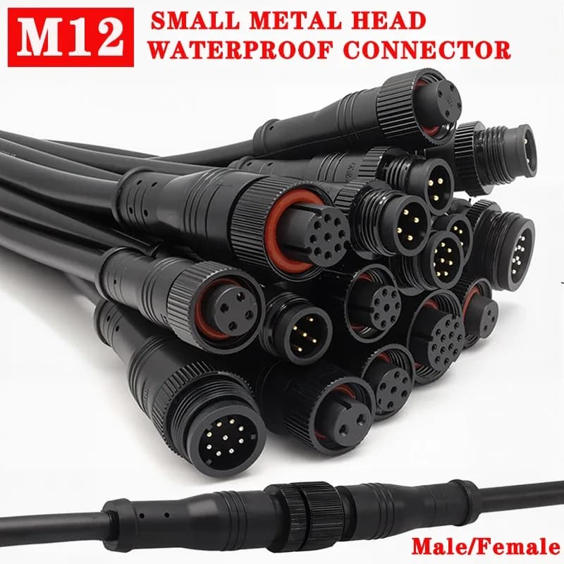 Connecteur M12 étanche IP68 à petite tête métallique (2-8 broches) - Mâle et Femelle - 20 cm