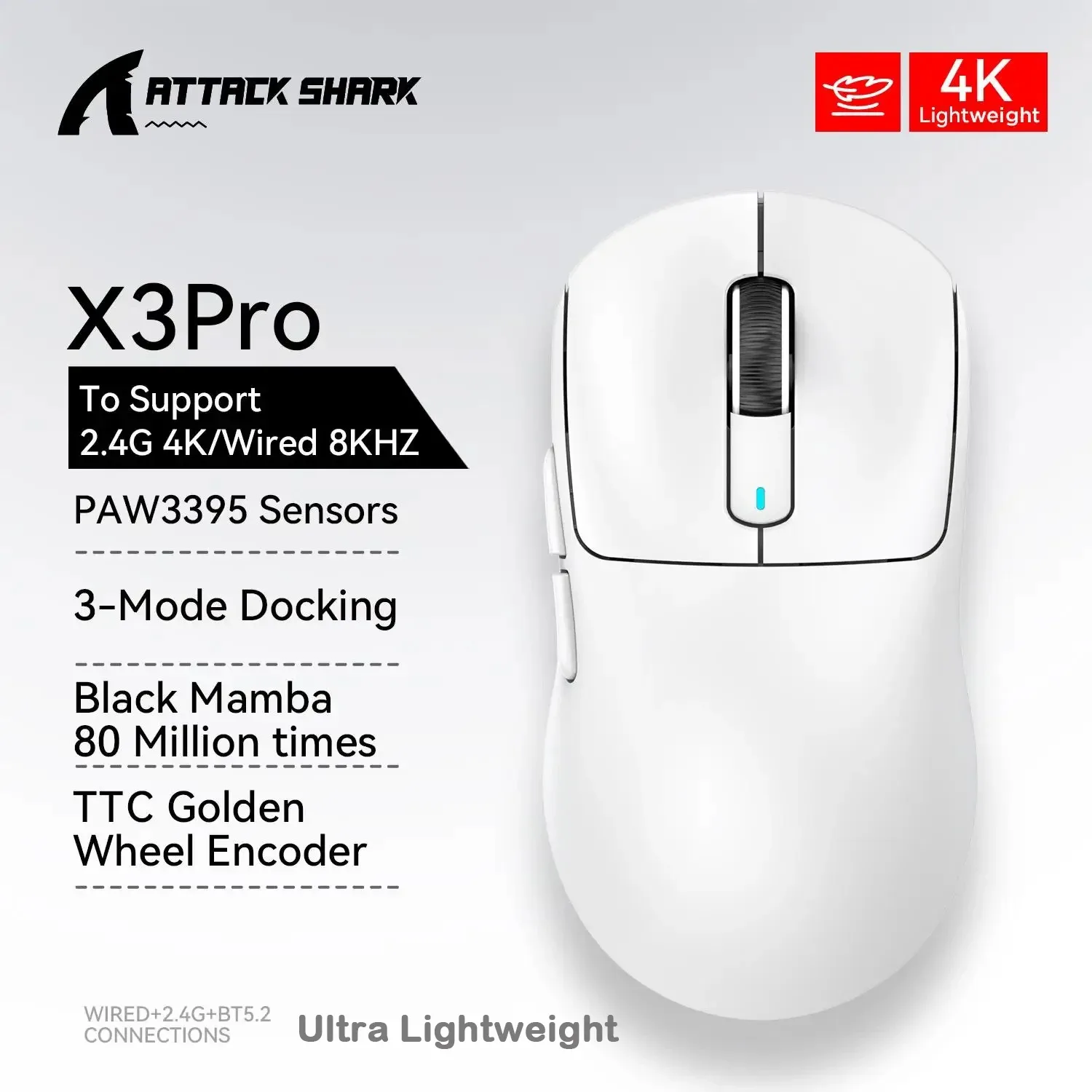ATTACK SHARK X3/X3 Pro - Souris Gaming Sans Fil Tri-mode (Filaire/2.4GHz/BT5.2), 26K DPI, Capteur PAW3395, 4K/8K, Ultra-légère